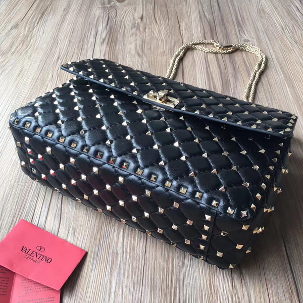 Valentino Garavani Rockstud Spike Chain Bag in Black Soft Crackle Nappa Lambskin Leather with Micro Stud Detailing For Sale