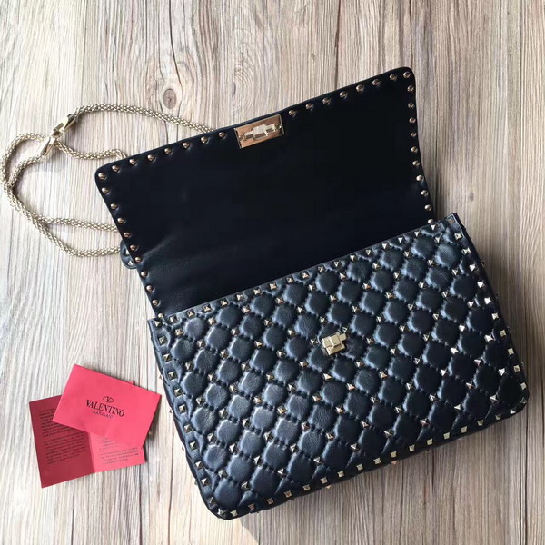 Valentino Garavani Rockstud Spike Chain Bag in Black Soft Crackle Nappa Lambskin Leather with Micro Stud Detailing For Sale