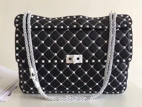 Valentino Garavani Rockstud Spike Chain Bag in Black Soft Lambskin with White Hardwares For Sale