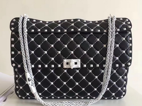 Valentino Garavani Rockstud Spike Chain Bag in Black Soft Lambskin with White Hardwares For Sale