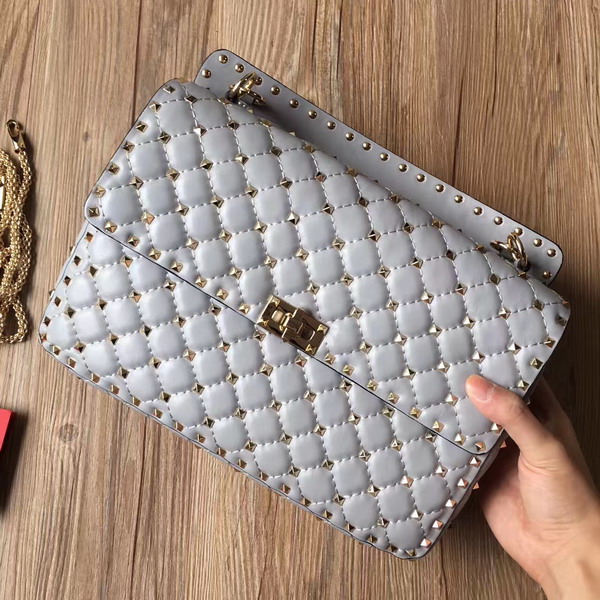 Valentino Garavani Rockstud Spike Chain Bag in Light Blue Soft Crackle Nappa Lambskin Leather with Micro Stud Detailing For Sale