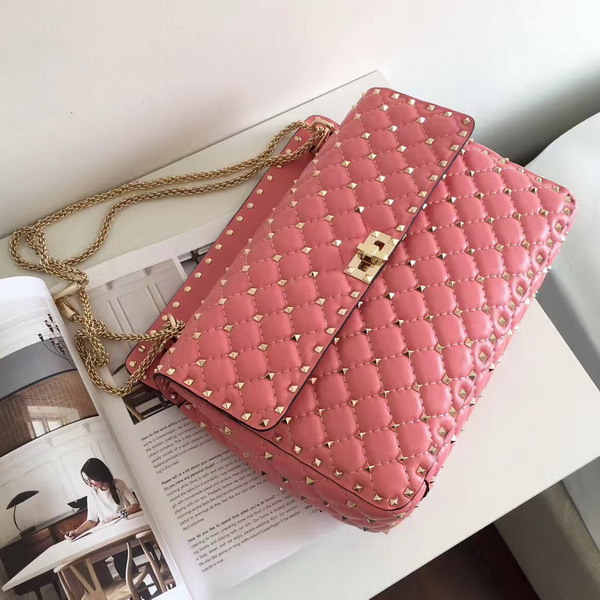 Valentino Garavani Rockstud Spike Chain Bag in Pink Soft Crackle Nappa Lambskin Leather with Micro Stud Detailing For Sale