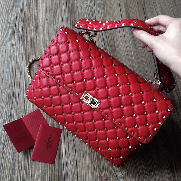 Valentino Garavani Rockstud Spike Chain Bag in Red Soft Crackle Nappa Lambskin Leather with Micro Stud Detailing For Sale