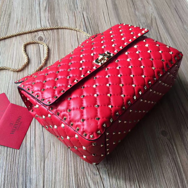 Valentino Garavani Rockstud Spike Chain Bag in Red Soft Crackle Nappa Lambskin Leather with Micro Stud Detailing For Sale