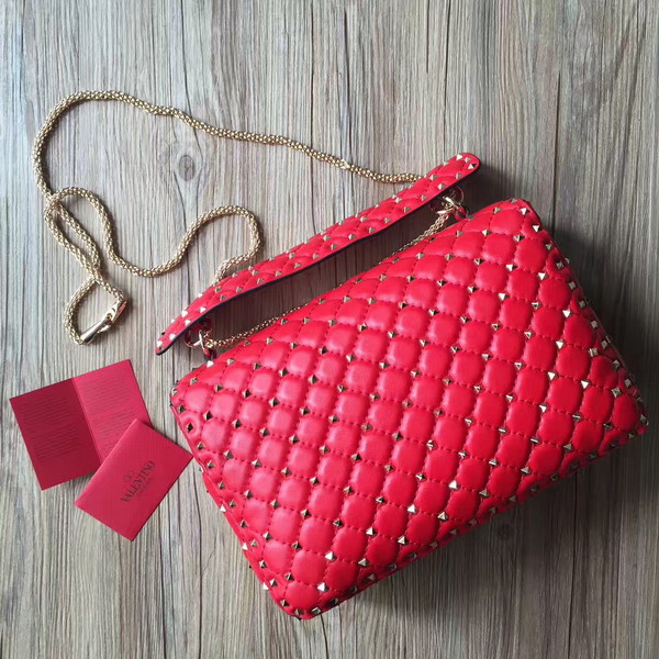 Valentino Garavani Rockstud Spike Chain Bag in Red Soft Crackle Nappa Lambskin Leather with Micro Stud Detailing For Sale