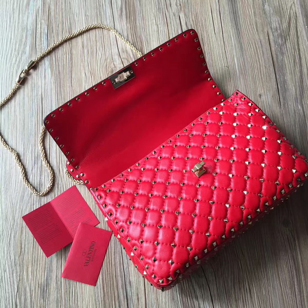 Valentino Garavani Rockstud Spike Chain Bag in Red Soft Crackle Nappa Lambskin Leather with Micro Stud Detailing For Sale