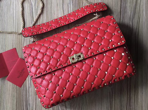 Valentino Garavani Rockstud Spike Chain Bag in Red Soft Crackle Nappa Lambskin Leather with Micro Stud Detailing For Sale