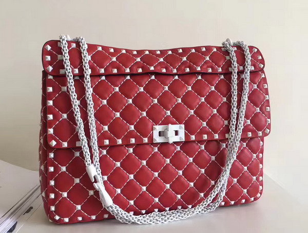 Valentino Garavani Rockstud Spike Chain Bag in Red Soft Lambskin with White Hardwares For Sale