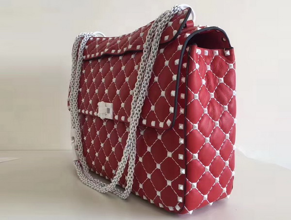 Valentino Garavani Rockstud Spike Chain Bag in Red Soft Lambskin with White Hardwares For Sale