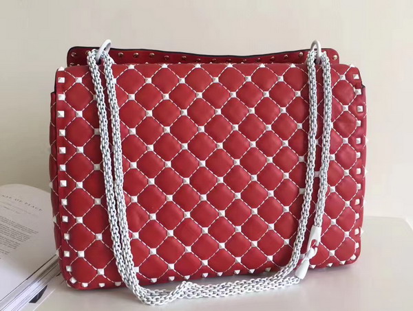 Valentino Garavani Rockstud Spike Chain Bag in Red Soft Lambskin with White Hardwares For Sale