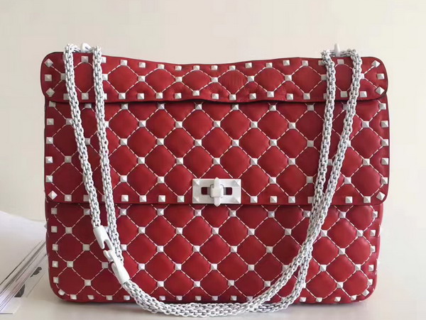 Valentino Garavani Rockstud Spike Chain Bag in Red Soft Lambskin with White Hardwares For Sale