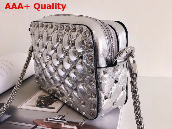 Valentino Garavani Rockstud Spike Cross Body Bag in Metallic Silver Quilted Lambskin Replica