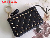 Valentino Garavani Rockstud Spike Keychain in Black Soft Lambskin with Light Gold Studs Replica