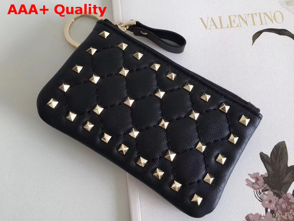 Valentino Garavani Rockstud Spike Keychain in Black Soft Lambskin with Light Gold Studs Replica