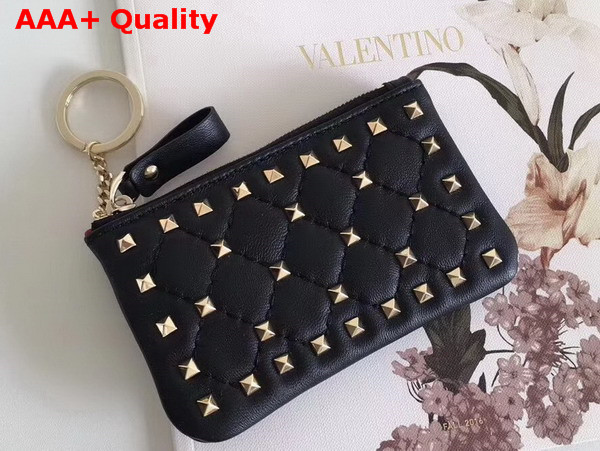 Valentino Garavani Rockstud Spike Keychain in Black Soft Lambskin with Light Gold Studs Replica