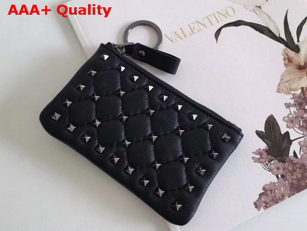 Valentino Garavani Rockstud Spike Keychain in Black Soft Lambskin with Ruthenium Finish Studs Replica