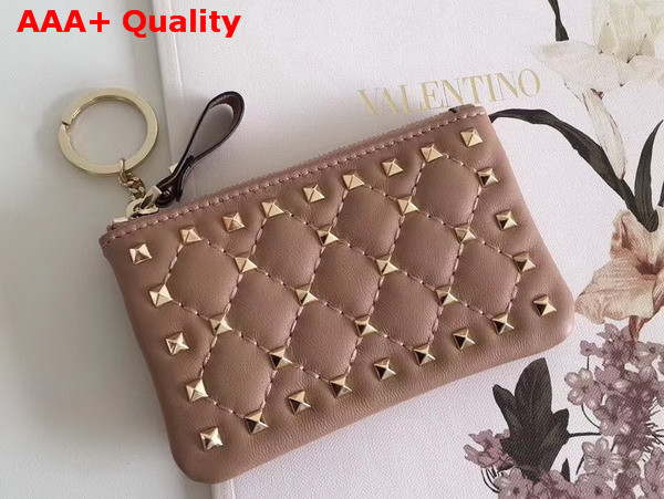 Valentino Garavani Rockstud Spike Keychain in Pink Soft Lambskin Leather with Light Gold Studs Replica