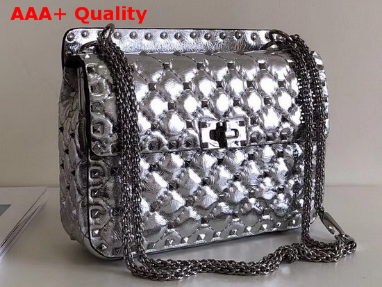 Valentino Garavani Rockstud Spike Medium Chain Bag in Silver Soft Metallic Lambskin Leather Replica