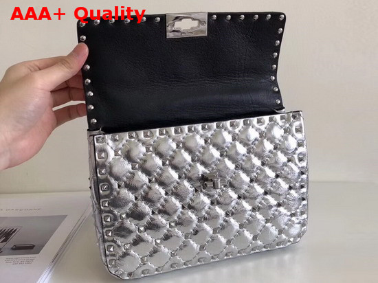 Valentino Garavani Rockstud Spike Medium Chain Bag in Silver Soft Metallic Lambskin Leather Replica