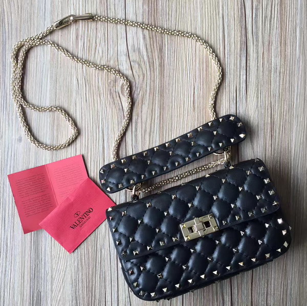 Valentino Garavani Rockstud Spike Small Chain Bag in Black Soft Quilted Lambskin with Micro Stud Detailing For Sale