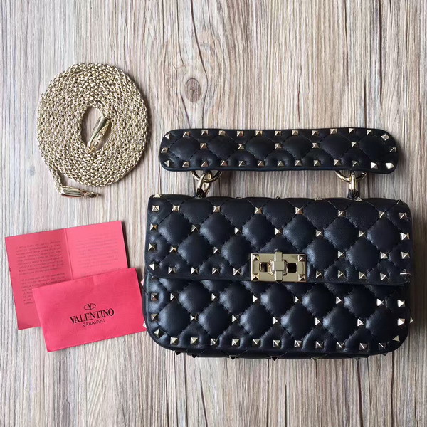 Valentino Garavani Rockstud Spike Small Chain Bag in Black Soft Quilted Lambskin with Micro Stud Detailing For Sale