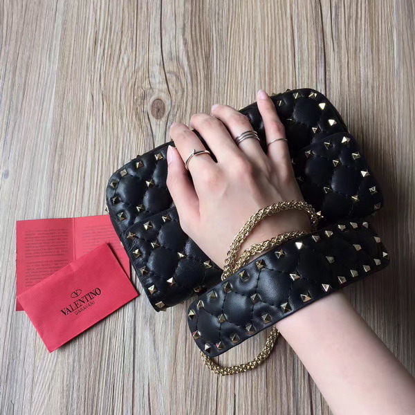 Valentino Garavani Rockstud Spike Small Chain Bag in Black Soft Quilted Lambskin with Micro Stud Detailing For Sale