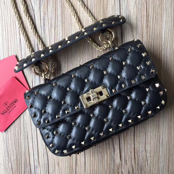 Valentino Garavani Rockstud Spike Small Chain Bag in Black Soft Quilted Lambskin with Micro Stud Detailing For Sale