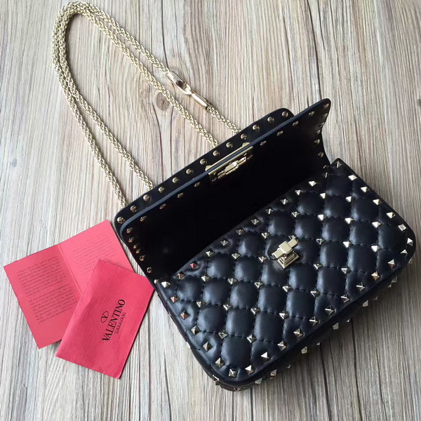 Valentino Garavani Rockstud Spike Small Chain Bag in Black Soft Quilted Lambskin with Micro Stud Detailing For Sale