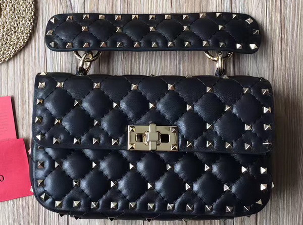 Valentino Garavani Rockstud Spike Small Chain Bag in Black Soft Quilted Lambskin with Micro Stud Detailing For Sale