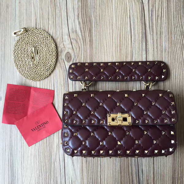 Valentino Garavani Rockstud Spike Small Chain Bag in Burgundy Soft Lambskin Leather For Sale