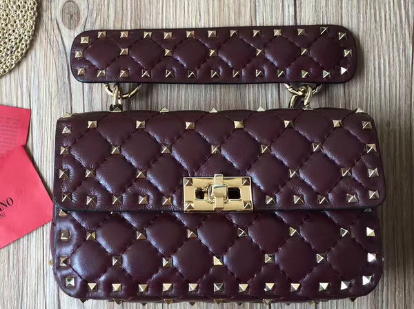 Valentino Garavani Rockstud Spike Small Chain Bag in Burgundy Soft Lambskin Leather For Sale