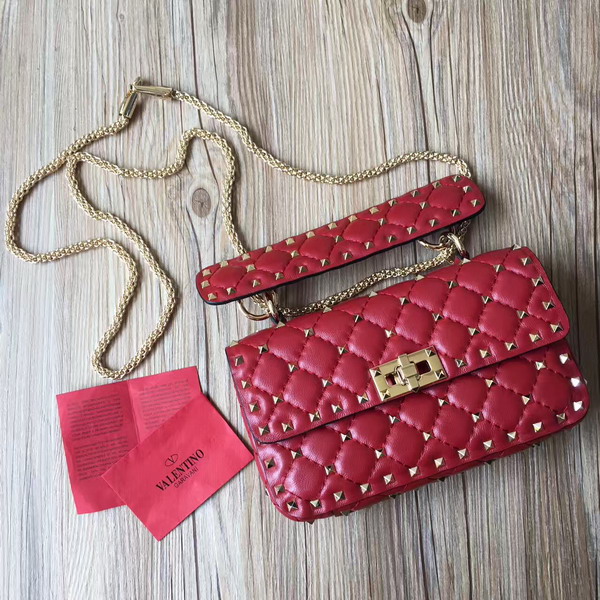 Valentino Garavani Rockstud Spike Small Chain Bag in Red Soft Lambskin Leather For Sale