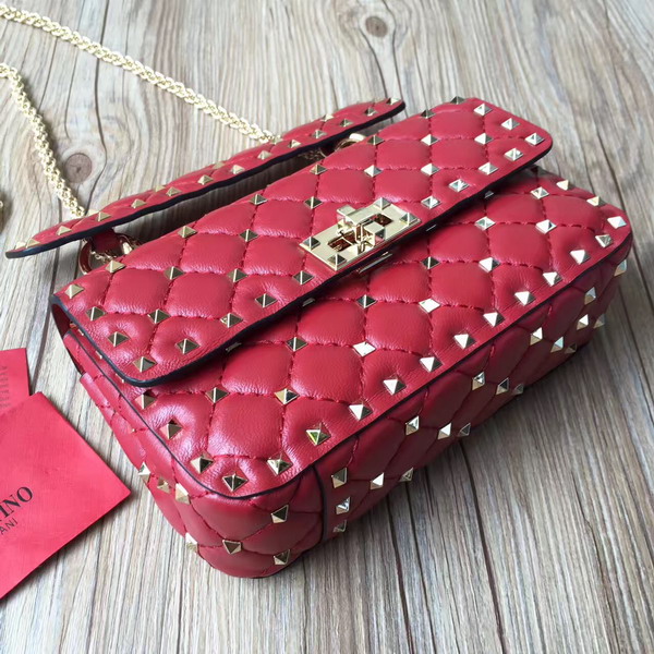 Valentino Garavani Rockstud Spike Small Chain Bag in Red Soft Lambskin Leather For Sale