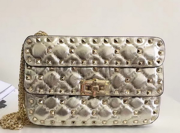 Valentino Garavani Rockstud Spike Small Chain Bag in Soft Metallic Lambskin Leather Light Gold For Sale