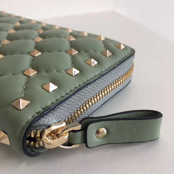 Valentino Garavani Rockstud Spike Zip Continental Wallet in Light Green Soft Lambskin Leather For Sale