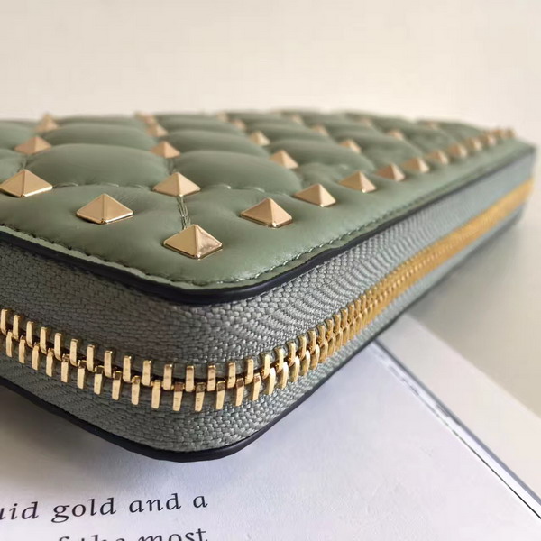 Valentino Garavani Rockstud Spike Zip Continental Wallet in Light Green Soft Lambskin Leather For Sale