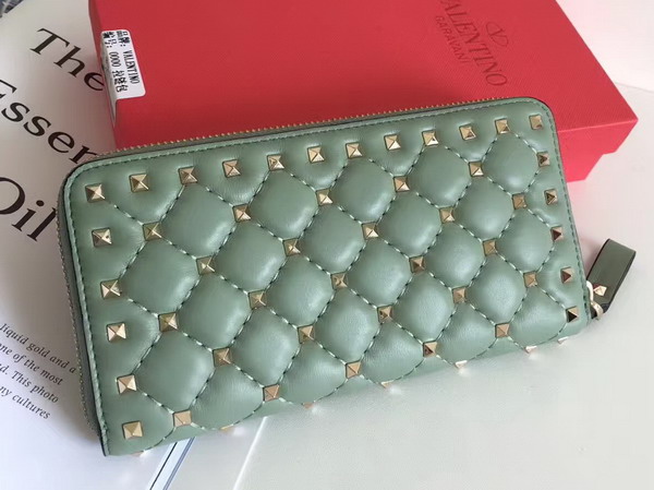 Valentino Garavani Rockstud Spike Zip Continental Wallet in Light Green Soft Lambskin Leather For Sale