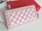 Valentino Garavani Rockstud Spike Zip Continental Wallet in Pastel Pink Soft Lambskin Leather For Sale