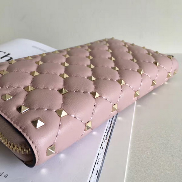 Valentino Garavani Rockstud Spike Zip Continental Wallet in Pastel Pink Soft Lambskin Leather For Sale