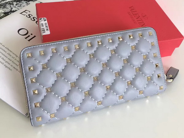 Valentino Garavani Rockstud Spike Zip Continental Wallet in Sky Blue Soft Lambskin Leather For Sale