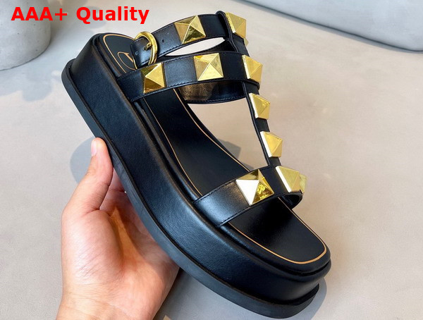 Valentino Garavani Roman Stud Calfskin Flatform Sandal 40mm Black Replica