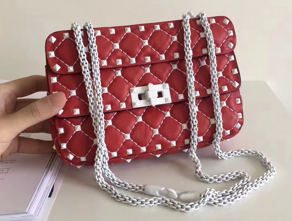 Valentino Garavani Samll Rockstud Spike Chain Bag in Red Soft Lambskin with White Hardwares For Sale