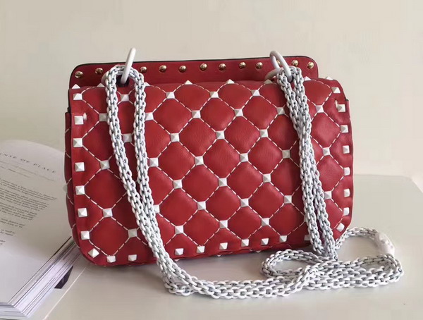 Valentino Garavani Samll Rockstud Spike Chain Bag in Red Soft Lambskin with White Hardwares For Sale