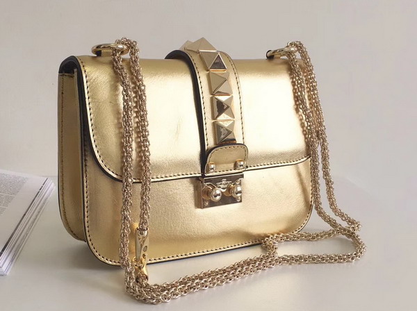 Valentino Garavani Small Chain Cross Body Bag in Gold Metallic Lambskin Leather For Sale