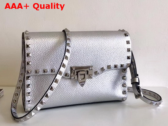 Valentino Garavani Small Rockstud Crossbody Bag in Silver Elk Print Calfskin Leather Replica