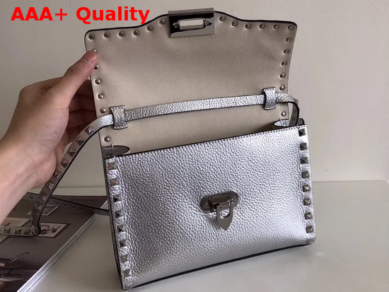 Valentino Garavani Small Rockstud Crossbody Bag in Silver Elk Print Calfskin Leather Replica