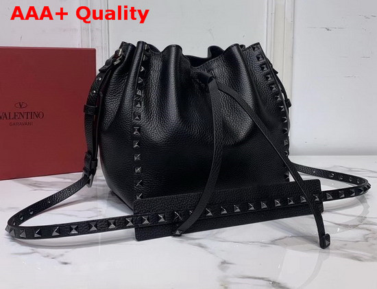 Valentino Garavani Small Rockstud Grainy Calfskin Bucket Bag in Black Replica