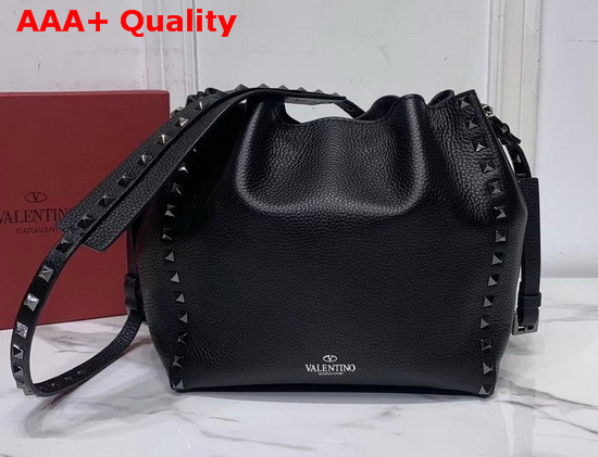 Valentino Garavani Small Rockstud Grainy Calfskin Bucket Bag in Black Replica