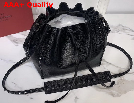 Valentino Garavani Small Rockstud Grainy Calfskin Bucket Bag in Black Replica