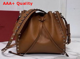 Valentino Garavani Small Rockstud Grainy Calfskin Bucket Bag in Brown Replica